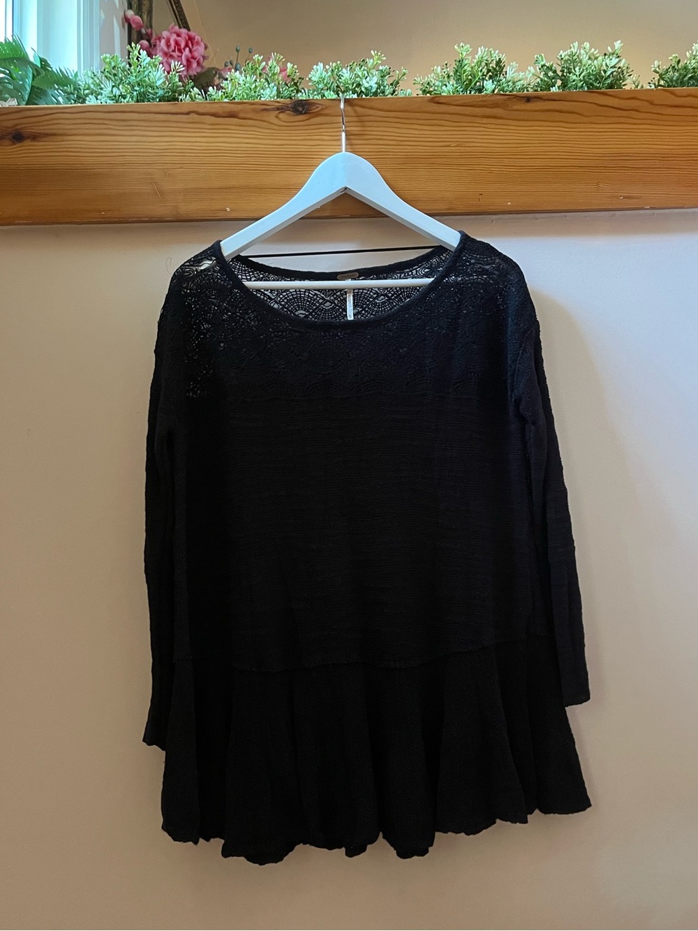 Free People Black Lace Long Sleeve Peasant Top Babydoll Sheer